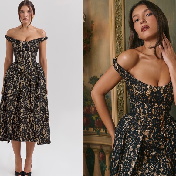 HOUSE OF CB 'Charming' Black Gold Lace‎ Off Shoulder Midi Gown NWOT size XS $329 - Picture 1 of 12